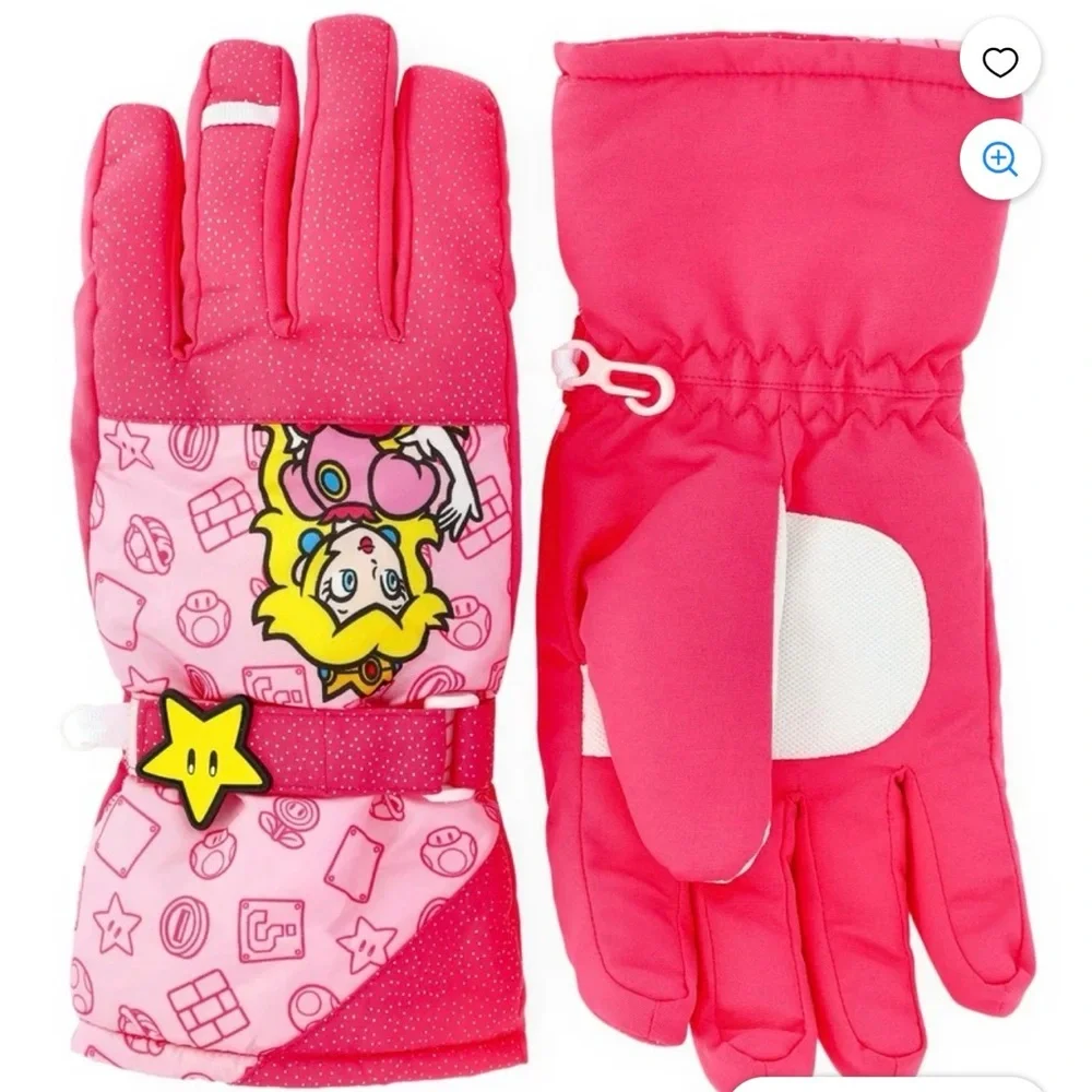 NWT Super Mario Princess Peach themed insulated ski gloves for girls L/XL